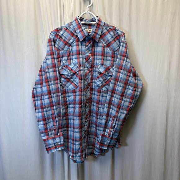 Roper Western Shirt Mens Size Large Blue Red Plaid Pearl Snaps Long Sleeve - Picture 1 of 8